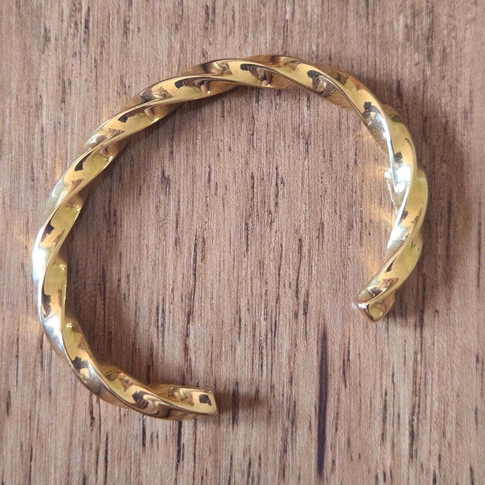 Gold Tone Twisted Rope Cuff Bracelet Open Bypass Minimalist Polished Bangle